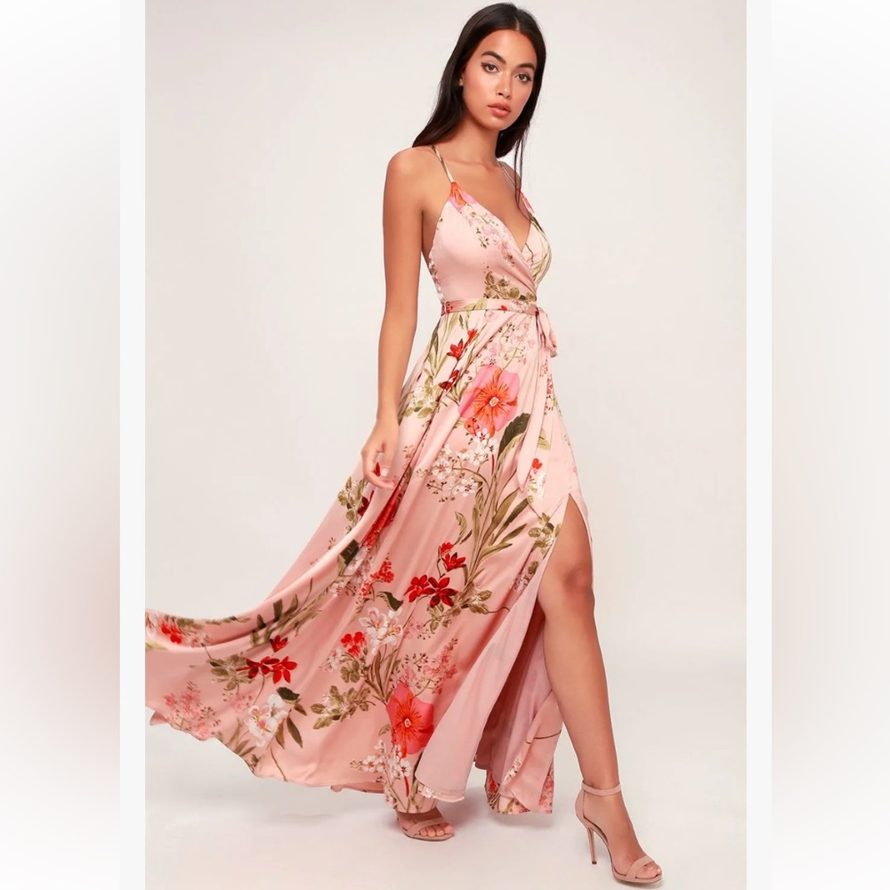 Lulu’s Pink Garden Print Satin Maxi Dress